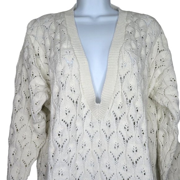 Vintage 80s Harot Pullover Cotton Sweater L White Open Knit V Neck Made in USA - Picture 6 of 10
